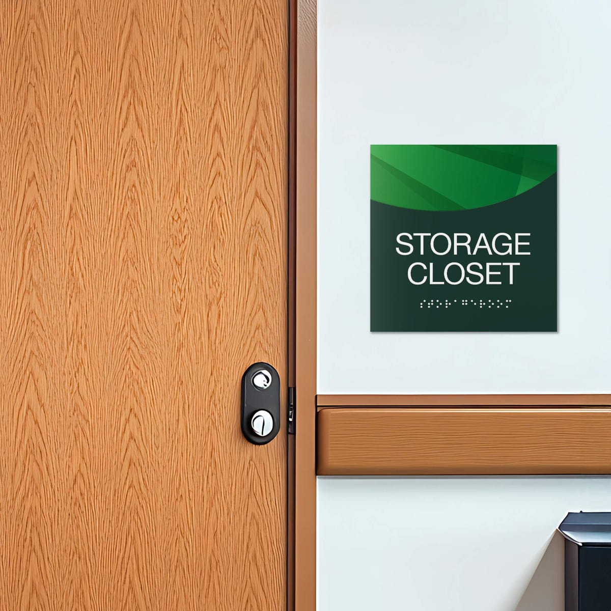 A modern layered ADA sign for a storage closet with a green foreground and green gradient background