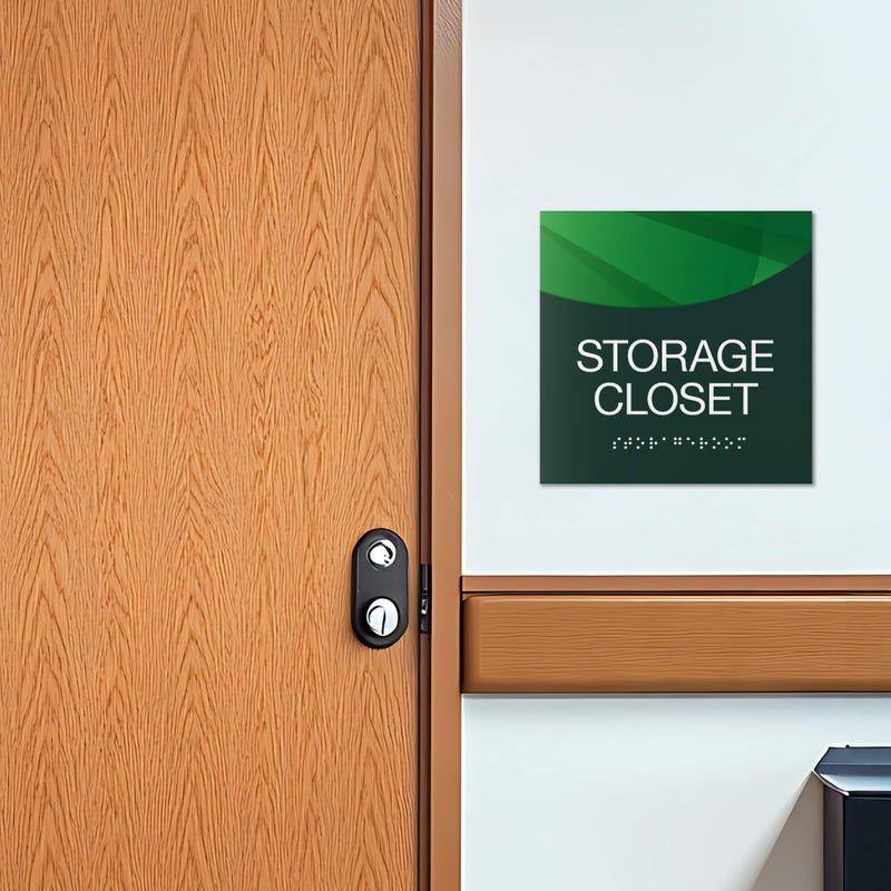 A modern layered ADA sign for a storage closet with a green foreground and green gradient background