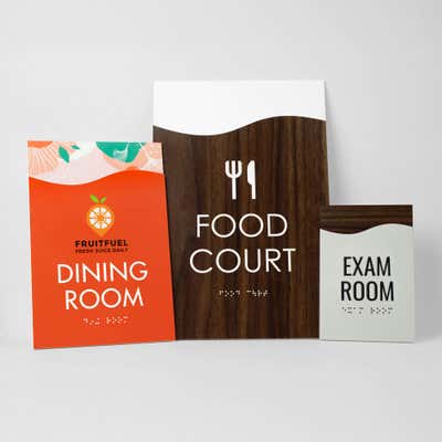 Three different sizes and designs of the modern flow 2-layer ADA sign