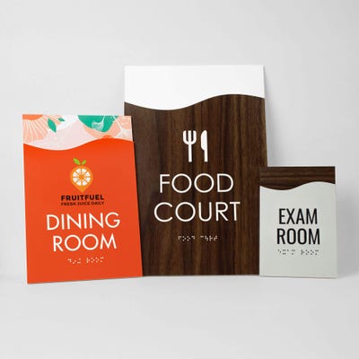 Three different sizes and designs of the modern flow 2-layer ADA sign