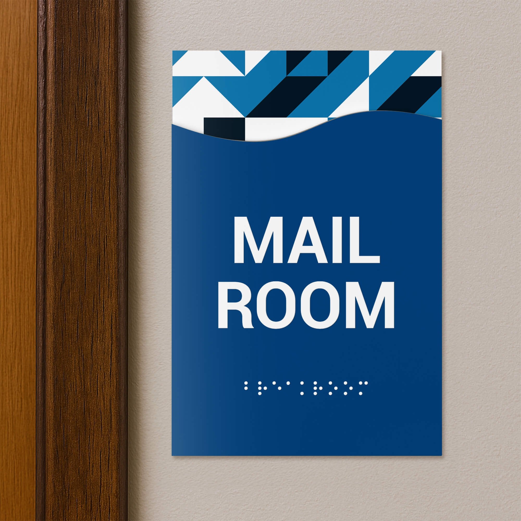 A 2-layer ADA sign for a mail room with a blue foreground and blue geometric background A 2-layer ADA sign for a mail room with a blue foreground and blue geometric background