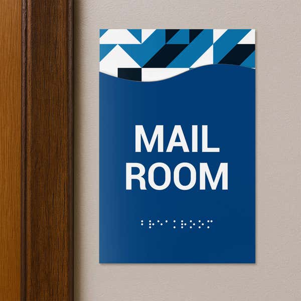 A 2-layer ADA sign for a mail room with a blue foreground and blue geometric background