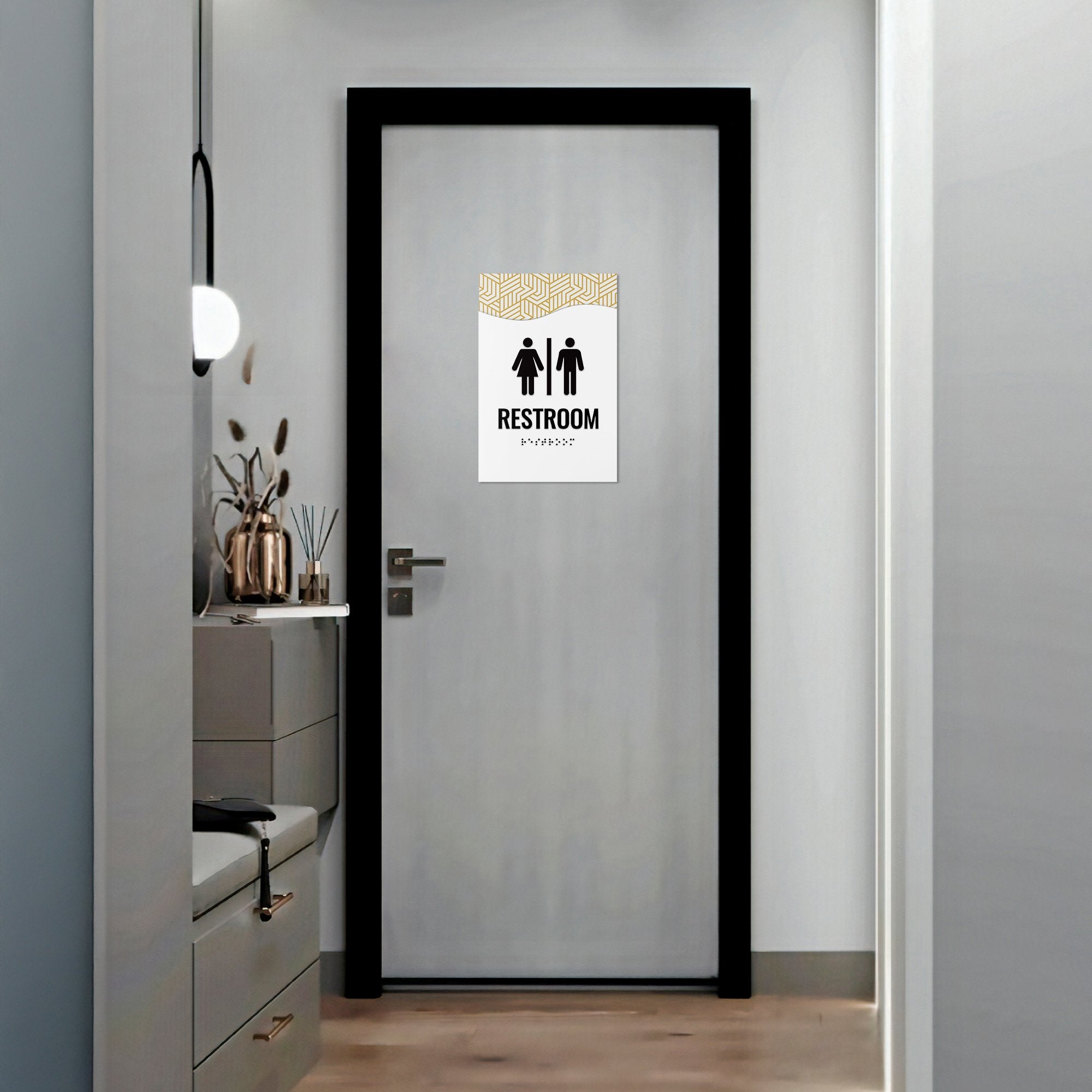 A 2-layer ADA sign for a restroom with a white foreground and the modern geometric background A 2-layer ADA sign for a restroom with a white foreground and the modern geometric background