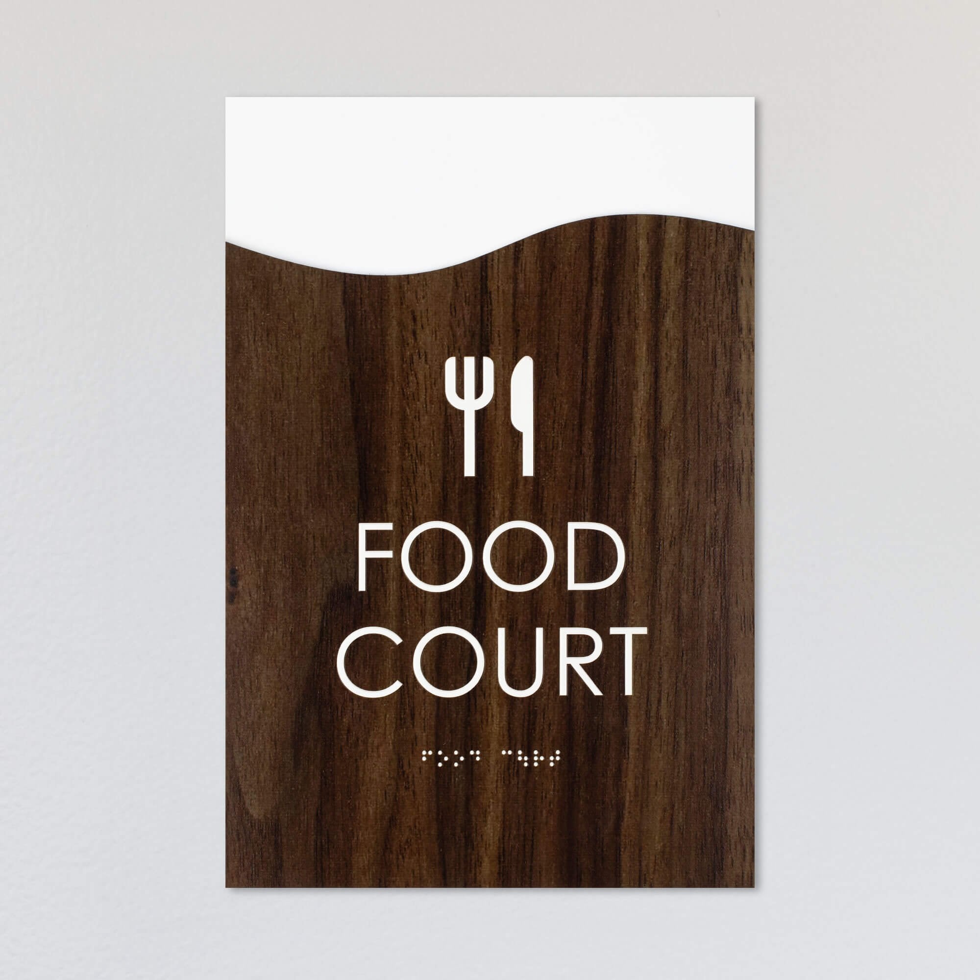 A design example for the modern flow 2-layer ADA sign with a wood grain foreground and white background A design example for the modern flow 2-layer ADA sign with a wood grain foreground and white background