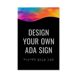 The custom modern flow 2-layer ADA sign with a black foreground and rainbow gradient background