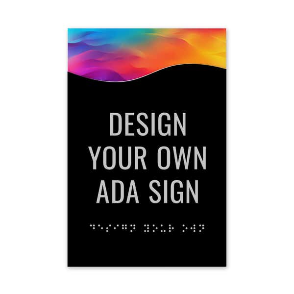 The custom modern flow 2-layer ADA sign with a black foreground and rainbow gradient background