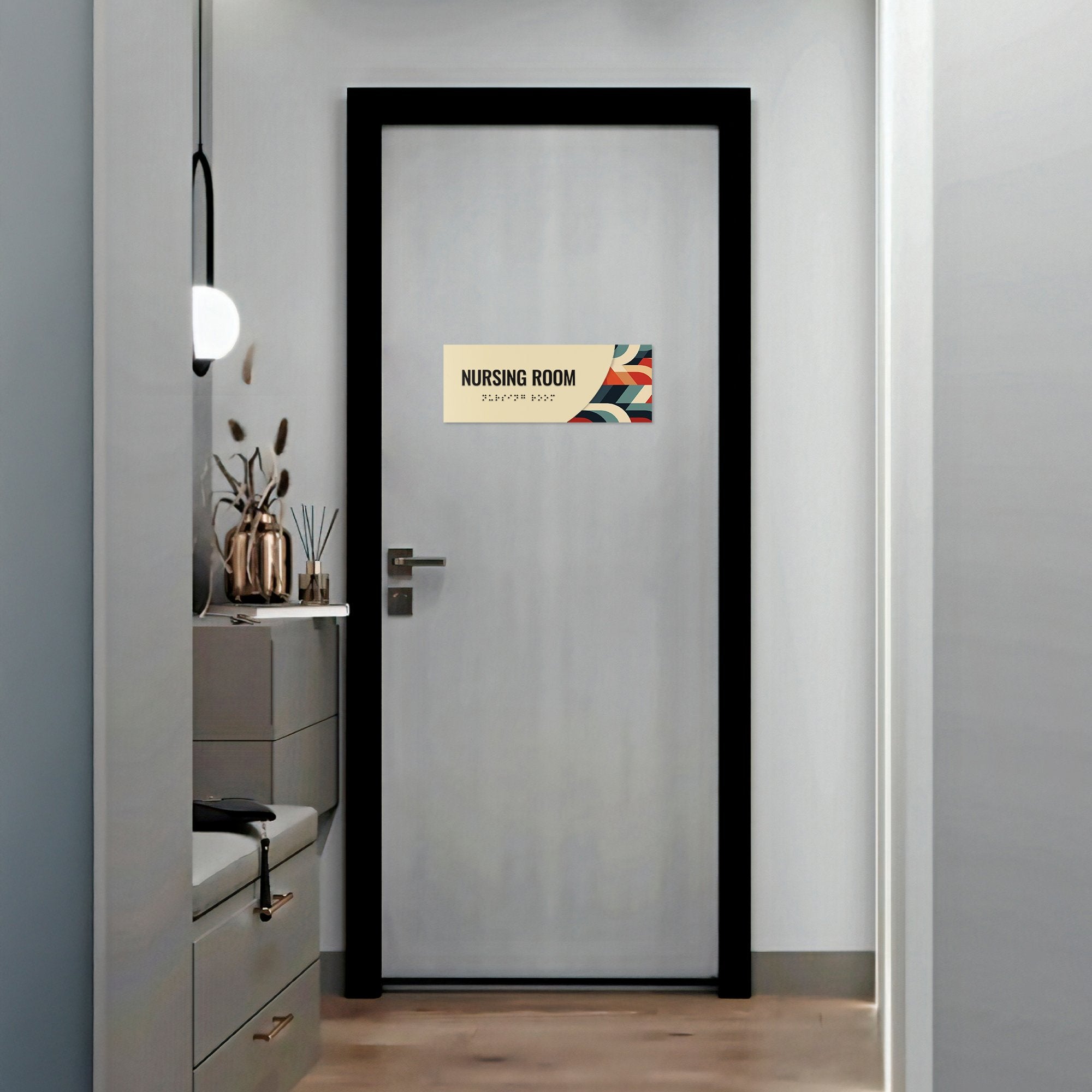 The modern layered ADA sign for a restroom with an ivory foreground and multi geometric background The modern layered ADA sign for a restroom with an ivory foreground and multi geometric background