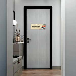 The modern layered ADA sign for a restroom with an ivory foreground and multi geometric background