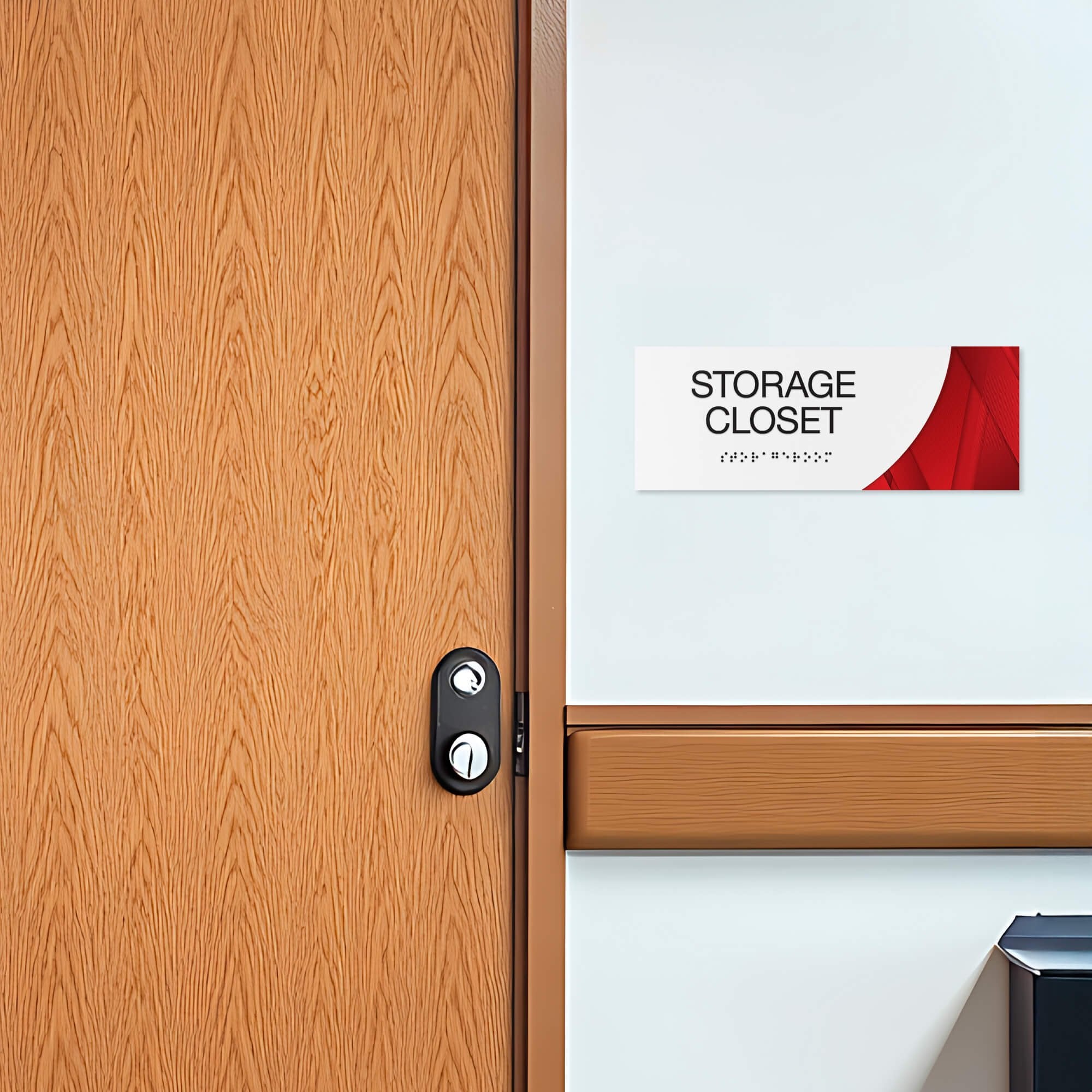 A 2-layer ADA sign for a storage closet with a white foreground and red gradient background A 2-layer ADA sign for a storage closet with a white foreground and red gradient background