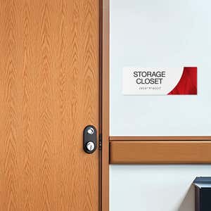 A 2-layer ADA sign for a storage closet with a white foreground and red gradient background