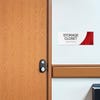 A 2-layer ADA sign for a storage closet with a white foreground and red gradient background