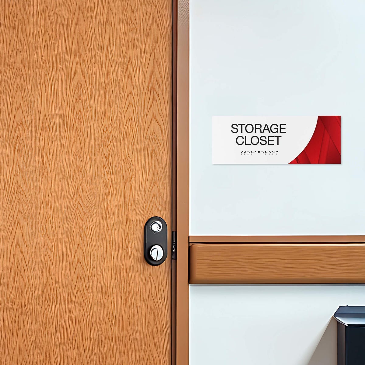 A 2-layer ADA sign for a storage closet with a white foreground and red gradient background