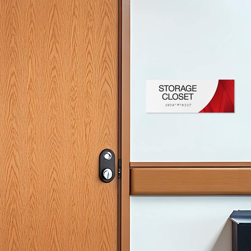 A 2-layer ADA sign for a storage closet with a white foreground and red gradient background