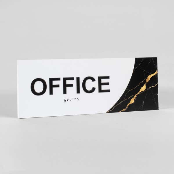A design example for the modern sleek 2-layer ADA design for an office with the white foreground and black marble background