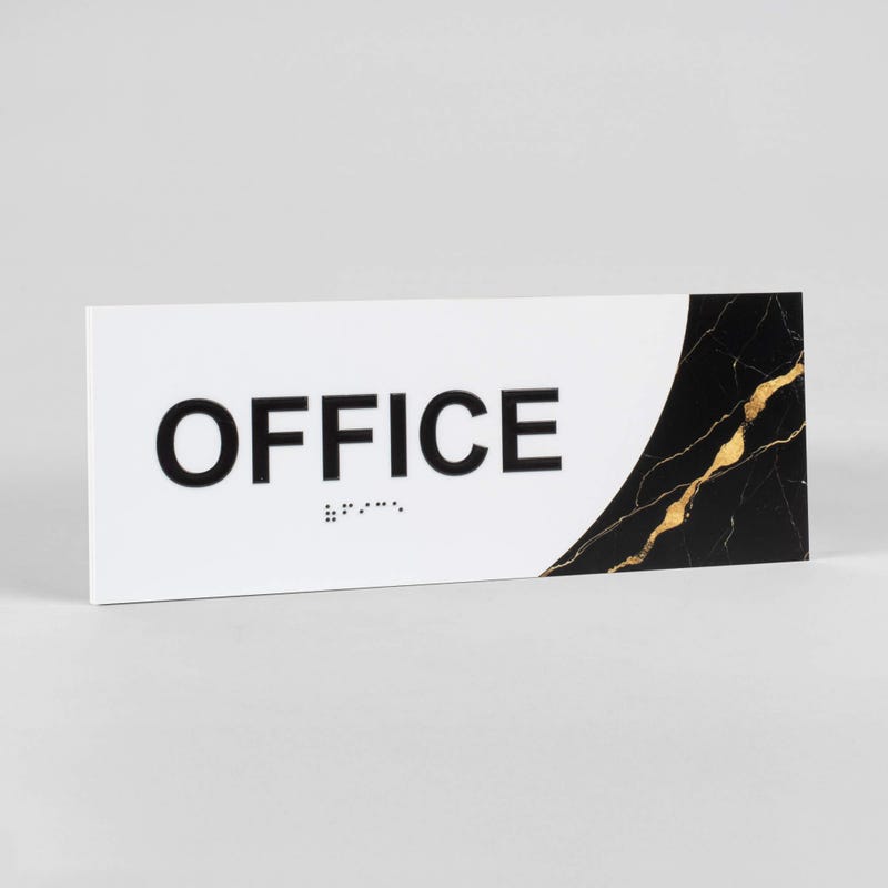 A design example for the modern sleek 2-layer ADA design for an office with the white foreground and black marble background