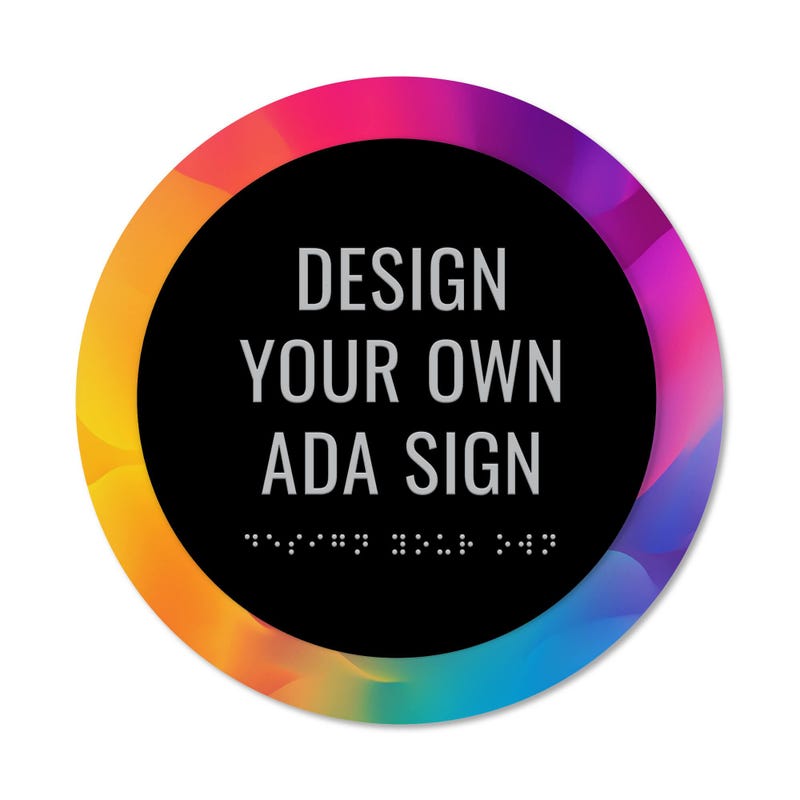 An example of a round 2-layer ADA sign with a colorful background 