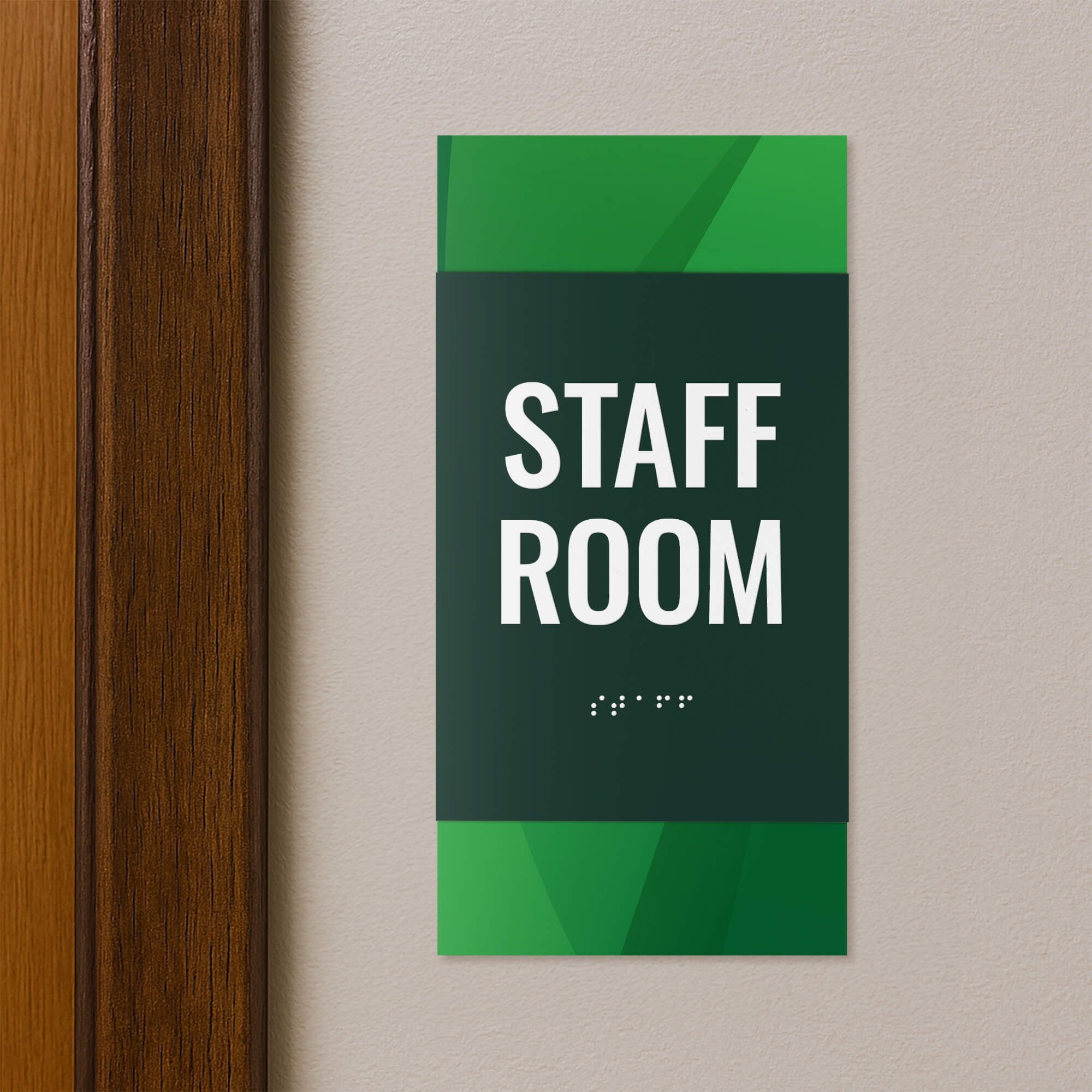 A vertical 2-layer ADA sign for a staff room with a green foreground and a green gradient background