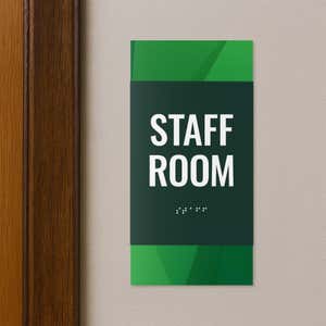 A vertical 2-layer ADA sign for a staff room with a green foreground and a green gradient background