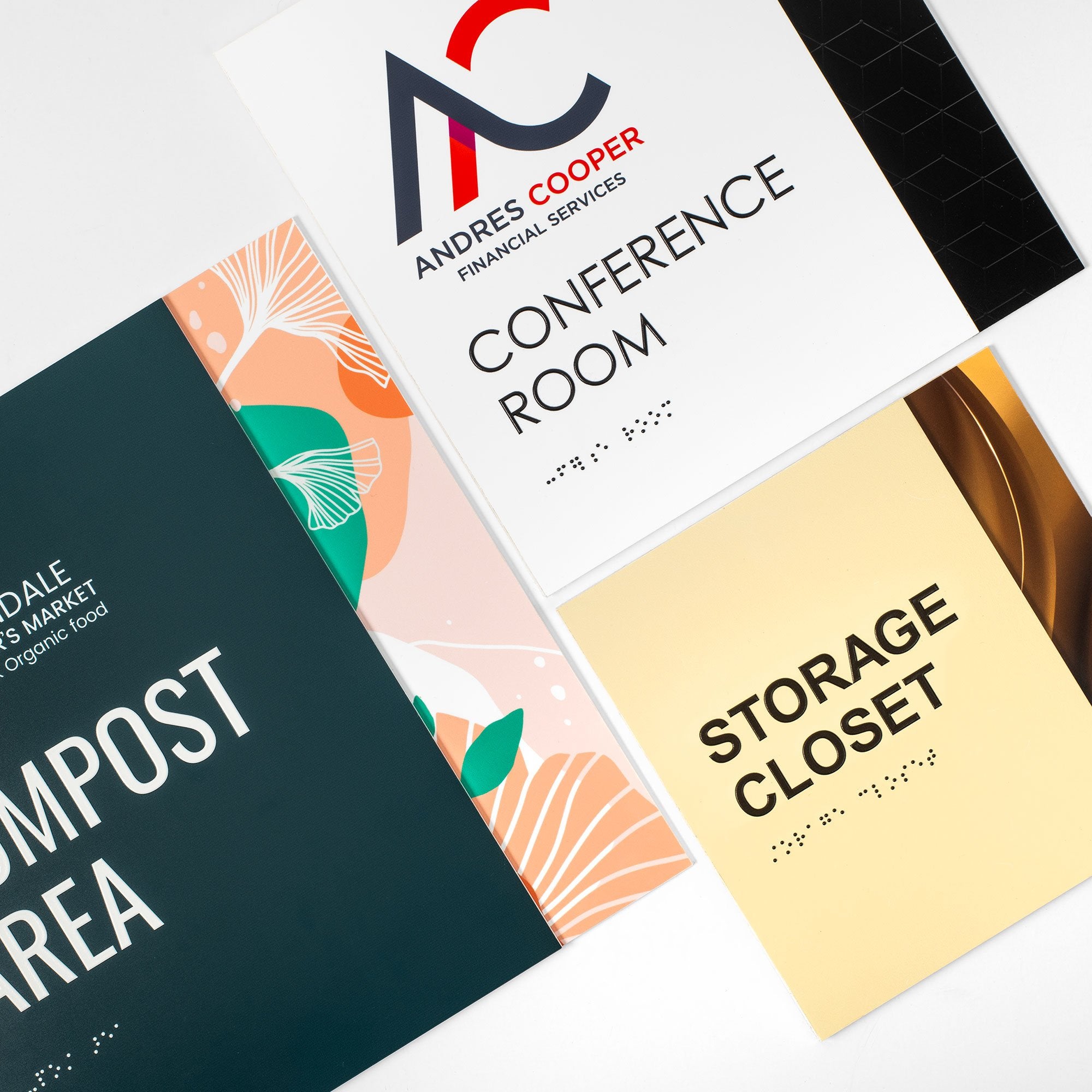 Various sizes of the modern two-layer ADA sign displayed next to each other Various sizes of the modern two-layer ADA sign displayed next to each other