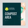 An example of a layered ADA sign design for a compost area with a green foreground and an orange floral background