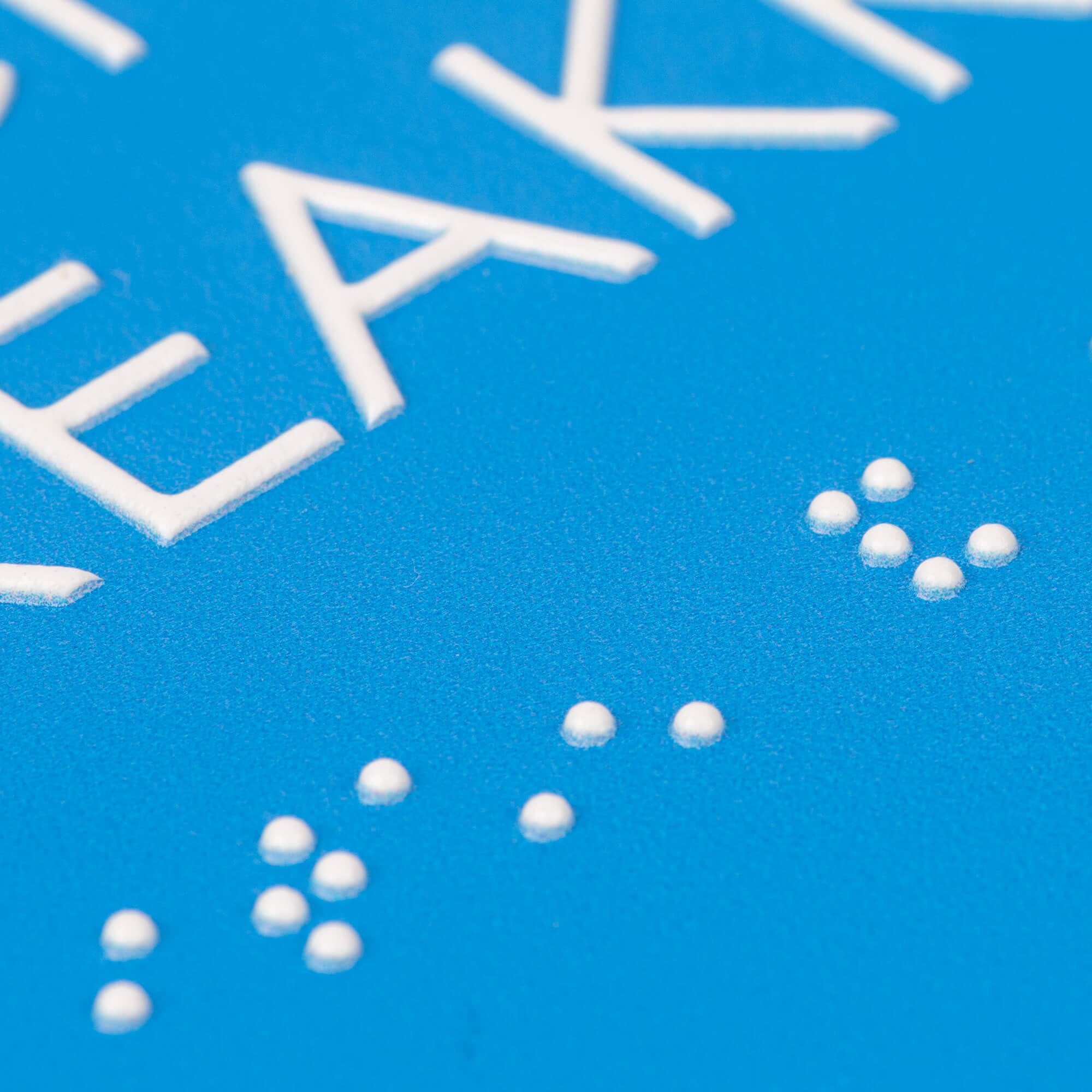 A close-up on the braille and tactile text on the ADA sign