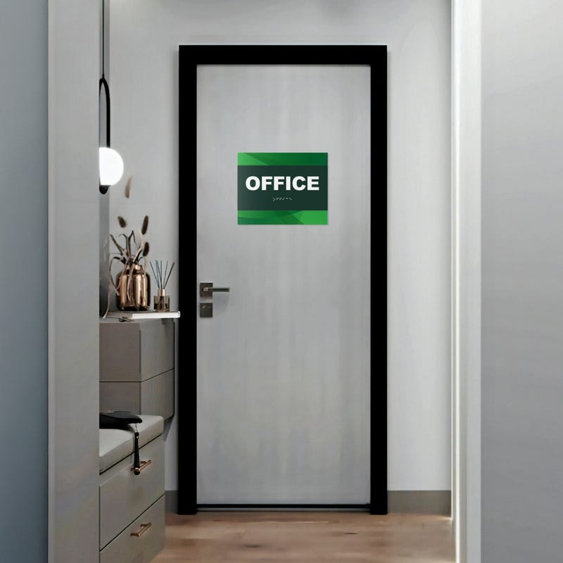 A 2-layered ADA sign for an office with a green foreground and green gradient background