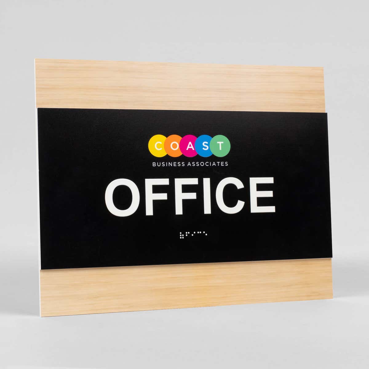 A design example of the horizontal 2-layer ADA sign for an office with a colorful logo 