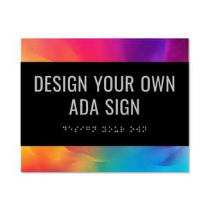 The custom horizontal 2-layer ADA sign with a black foreground and a rainbow gradient background