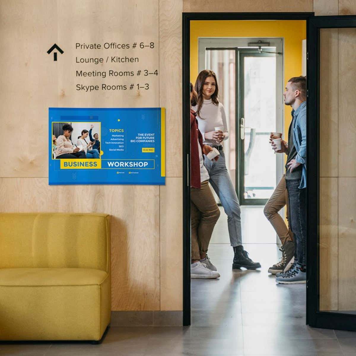 Blue and yellow custom sign with bold business event design, mounted on a wall in a modern office lobbyBlue and yellow custom sign with bold business event design, mounted on a wall in a modern office lobby