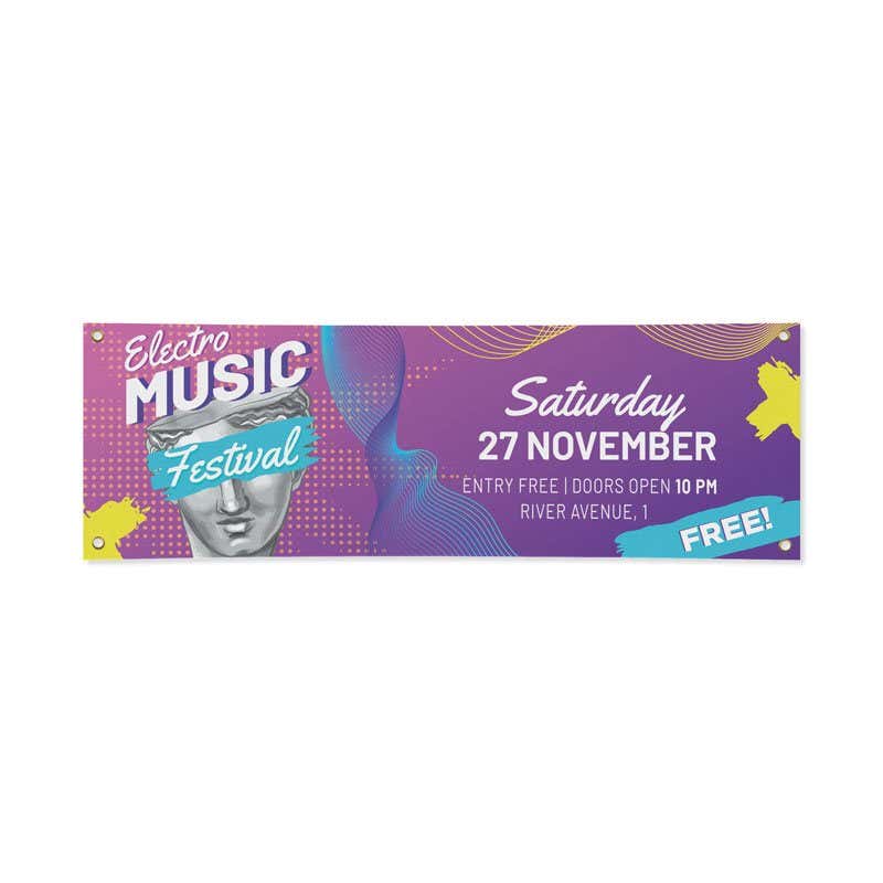 Purple vinyl banner with bold event typography and graphic design elements, shown flat on white background with visible corner grommets