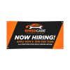 Black and orange vinyl banner with bold business branding and text, shown flat on white background with visible corner grommets