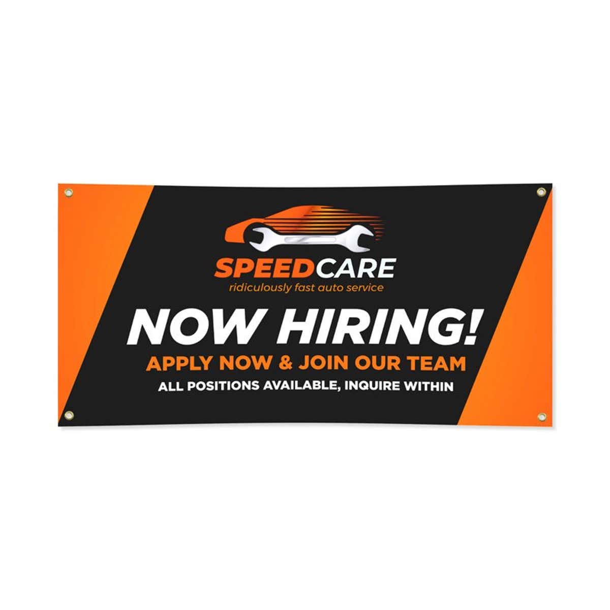 Black and orange vinyl banner with bold business branding and text, shown flat on white background with visible corner grommets