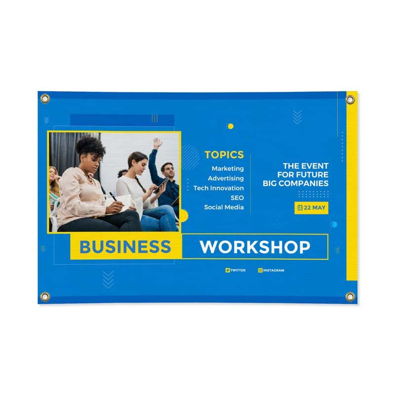 Blue and yellow vinyl banner with bold business event design and photo print, shown flat on white background with visible corner grommets