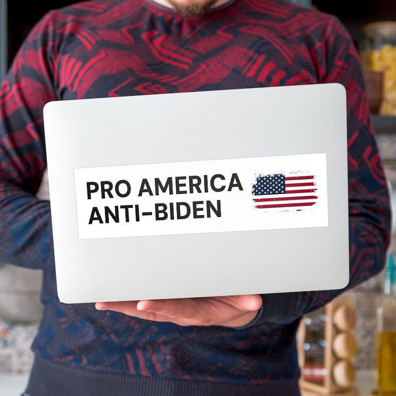 Pro America Anti-Biden bumper sticker on a laptop