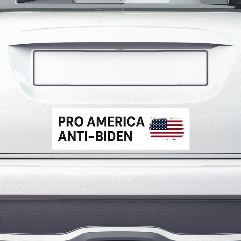 Pro America Anti-Biden bumper sticker on the bumper of a white car