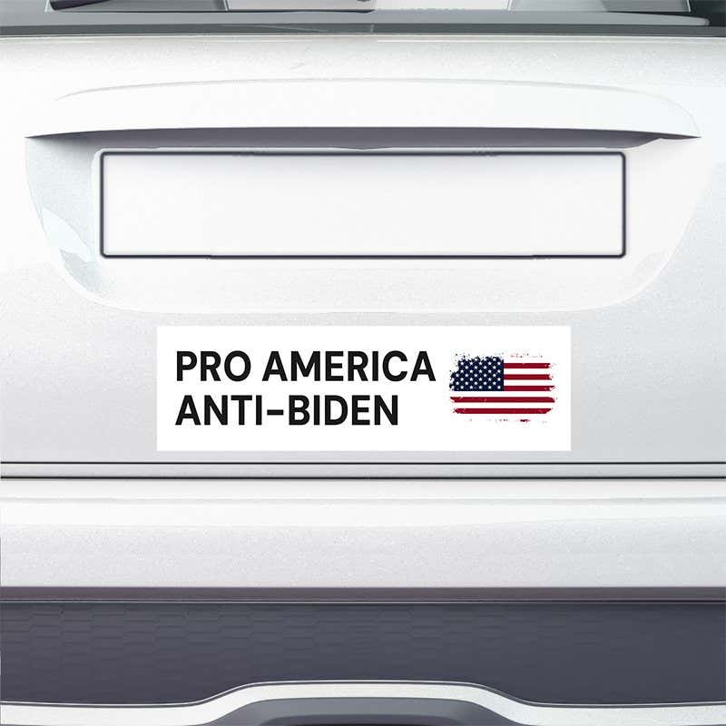 Pro America Anti-Biden bumper sticker on the bumper of a white car