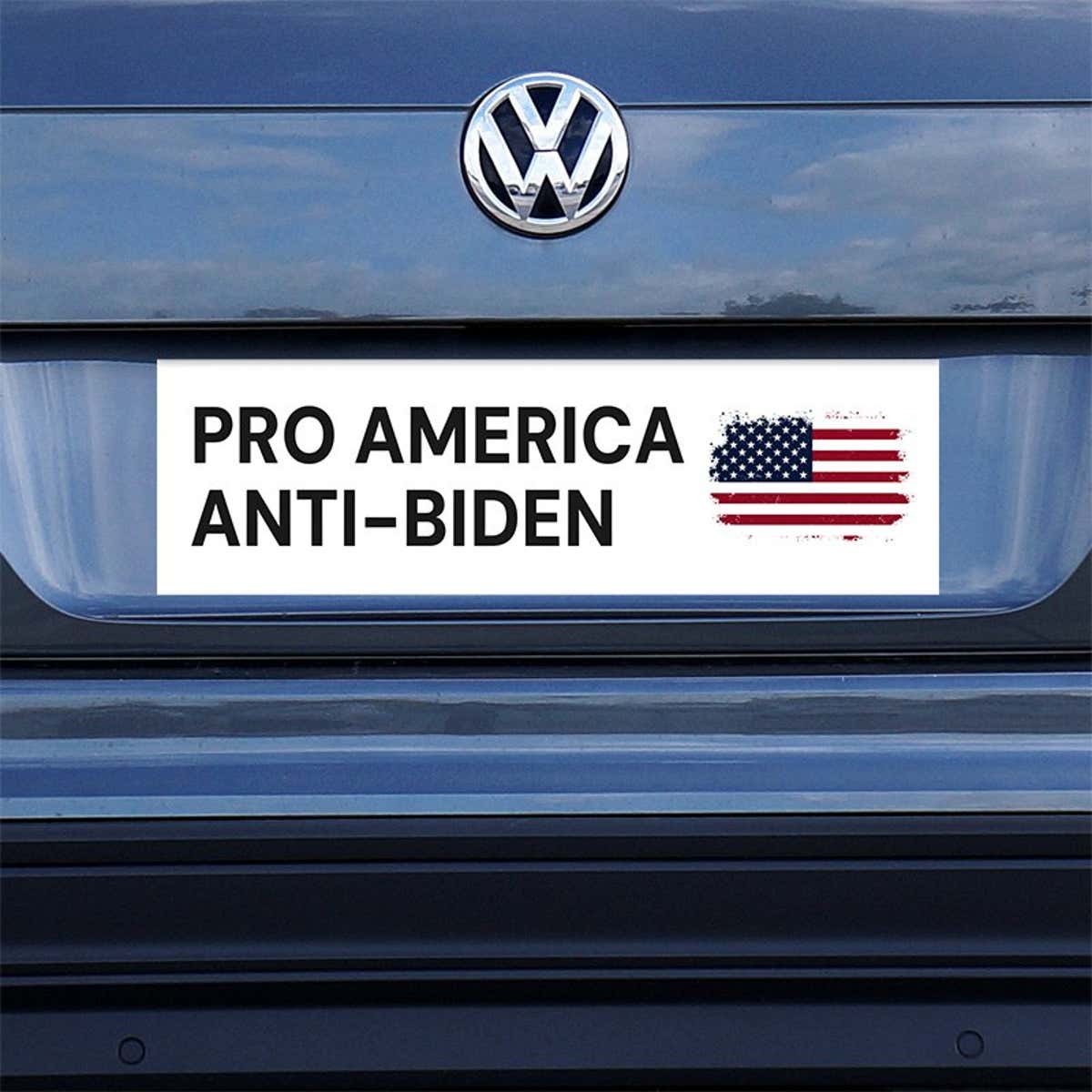Pro America Anti-Biden bumper sticker on a gray car