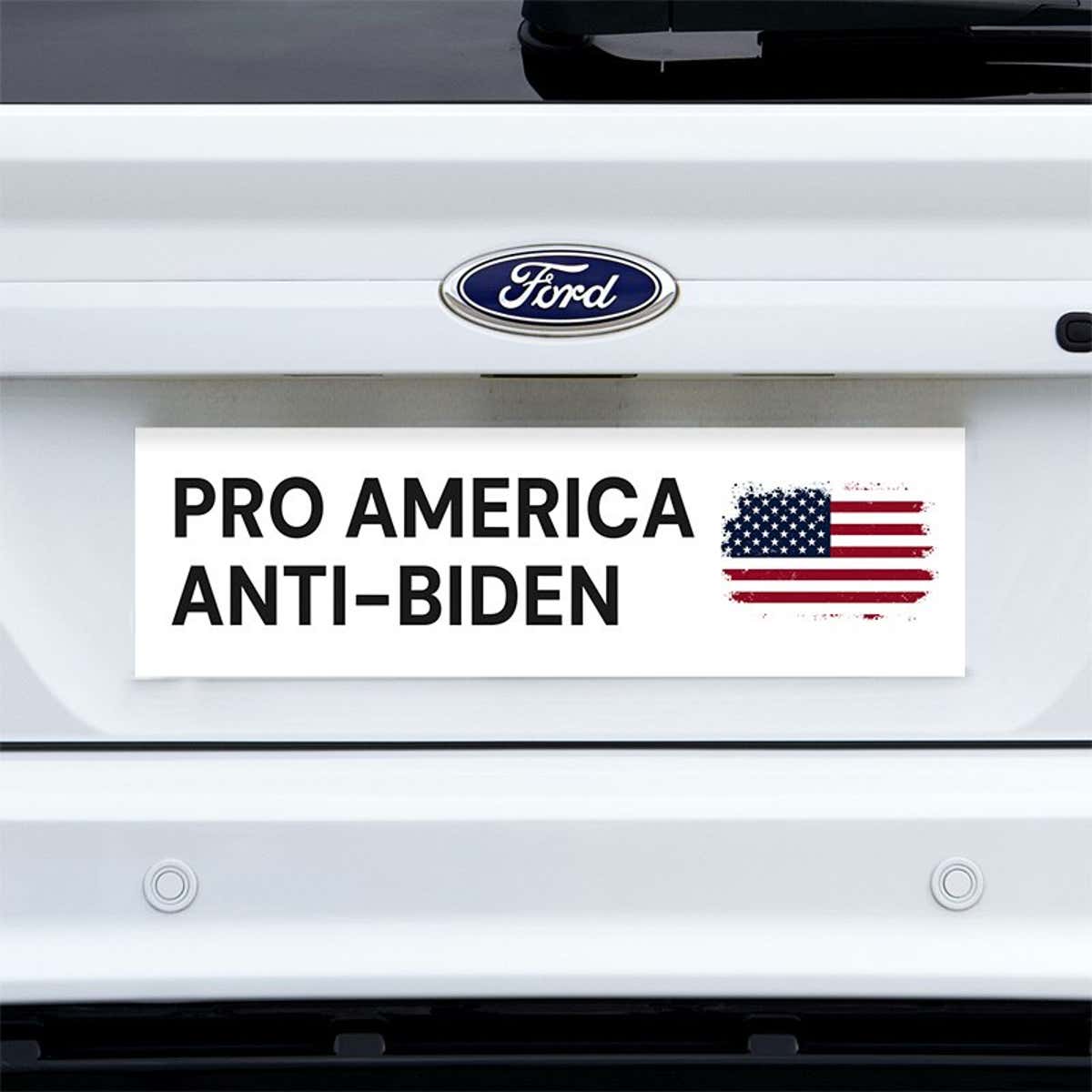 Pro America Anti-Biden bumper sticker on a white truck