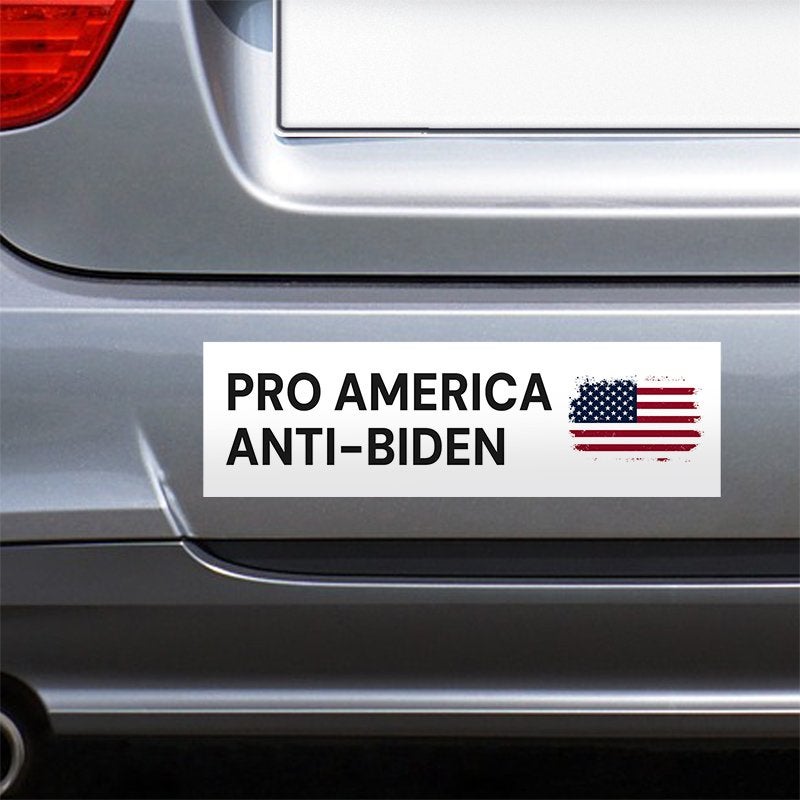 Pro America Anti-Biden bumper sticker on the bumper of a gray car