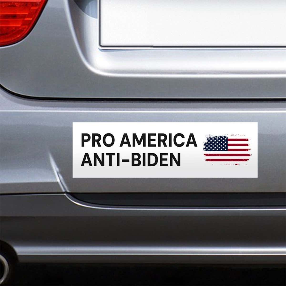 Pro America Anti-Biden bumper sticker on the bumper of a gray car