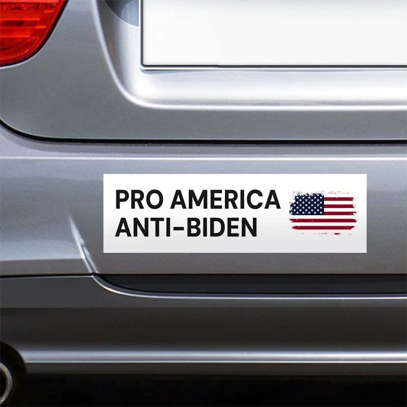 Pro America Anti-Biden bumper sticker on the bumper of a gray car