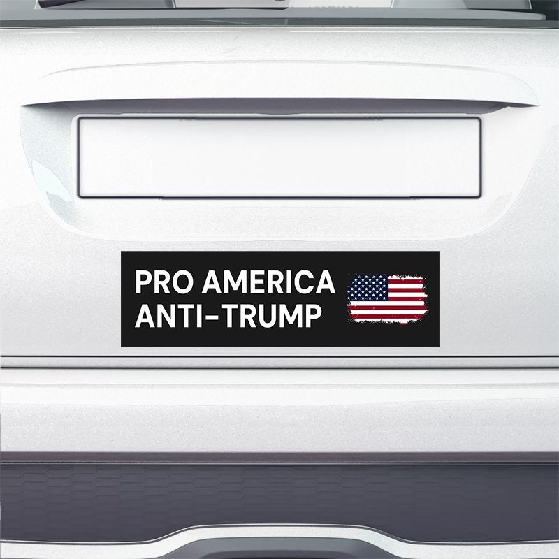 Pro America Anti Trump bumper sticker on the bumper of a white car