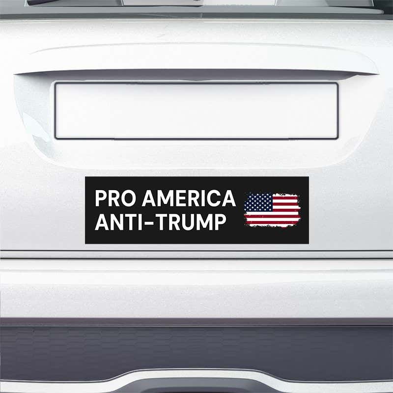 Pro America Anti Trump bumper sticker on the bumper of a white car