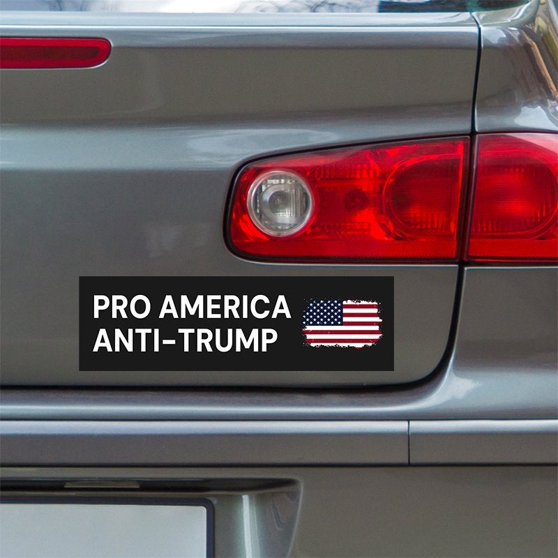 Pro America Anti Trump bumper sticker below a gray car's tail light