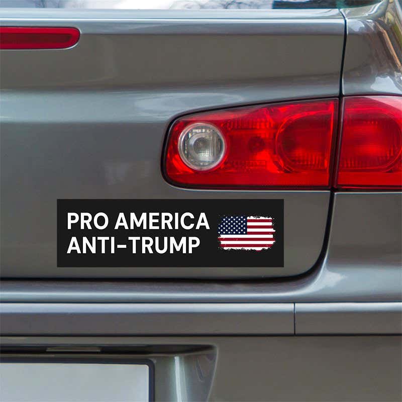 Pro America Anti Trump bumper sticker below a gray car's tail light