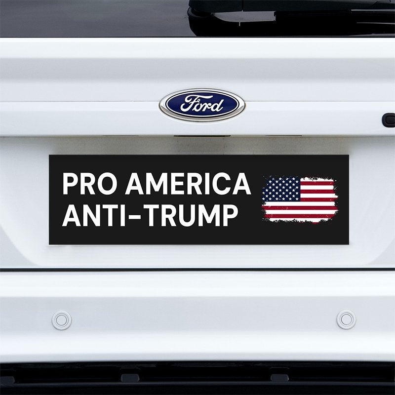 Pro America Anti Trump bumper sticker on a white truck