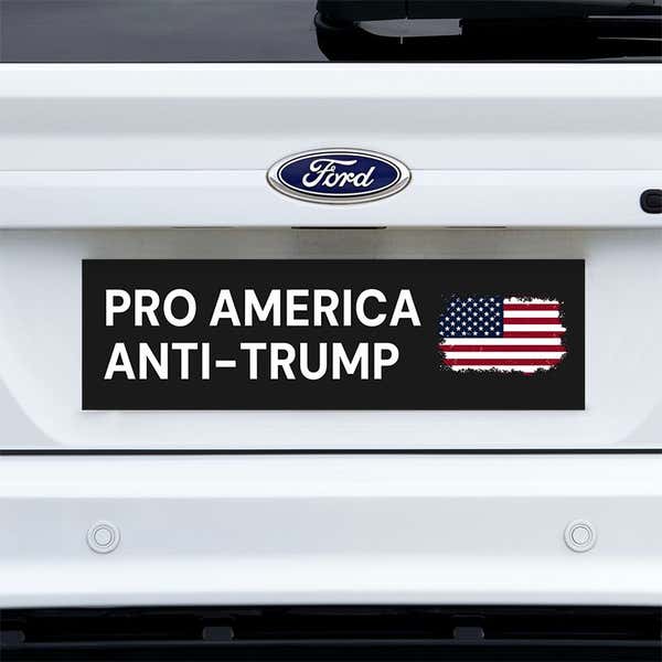 Pro America Anti Trump bumper sticker on a white truck