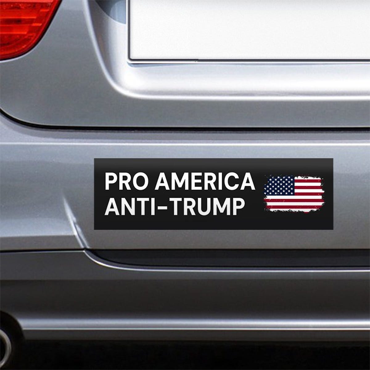 Pro America Anti Trump bumper sticker on the bumper of a gray car