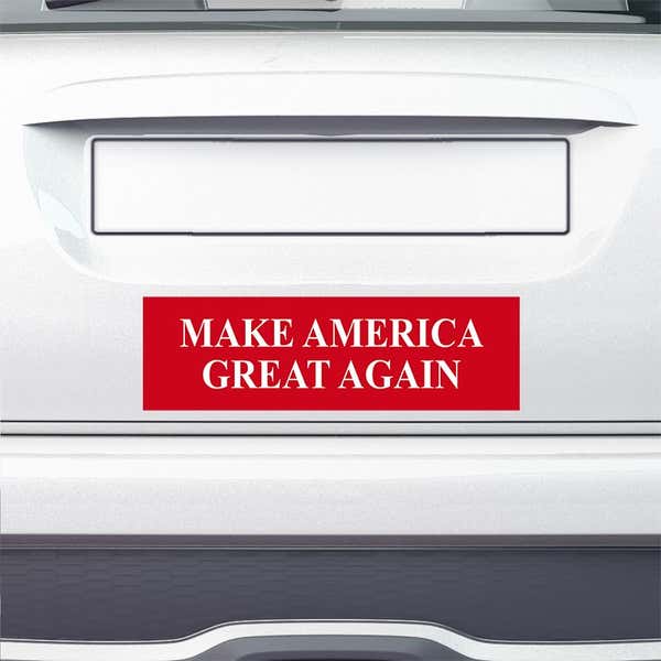 Make American Great Again Bumper Sticker on the bumper of a white car