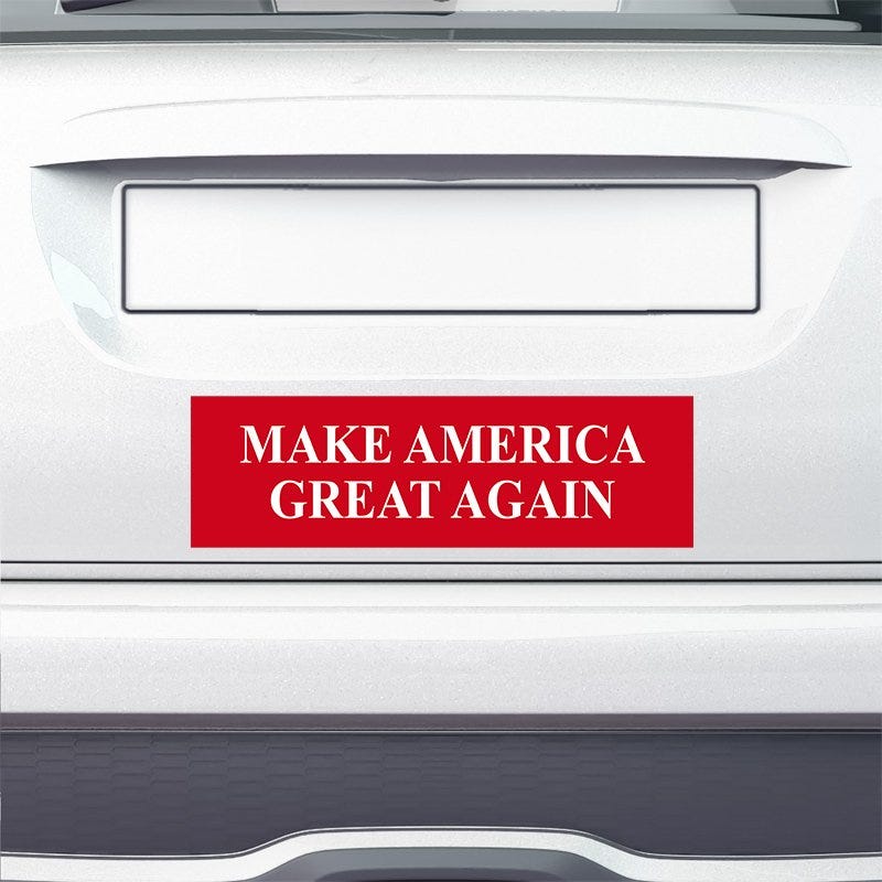 Make American Great Again Bumper Sticker on the bumper of a white car